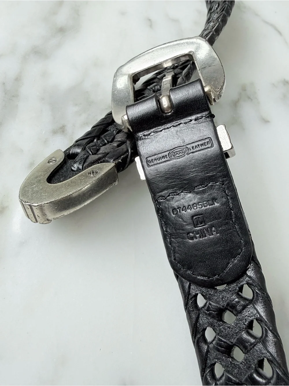 Vintage Fossil Black Leather Braided Belt w/ Silver Accents